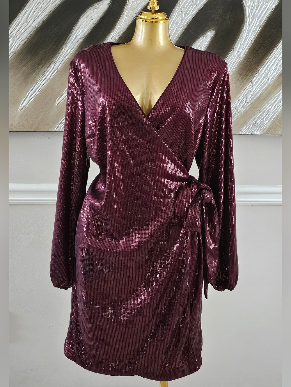 INC International Concepts Burgundy Sequin Wrap Dress Size M
